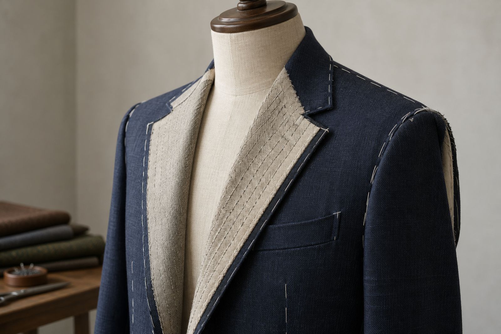 A half-made navy jacket on a dress form with the canvas and pad-stitched lapel showing.