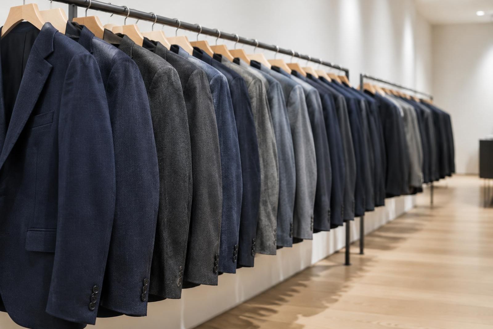 A row of navy, gray and charcoal suit jackets hanging on a store rail