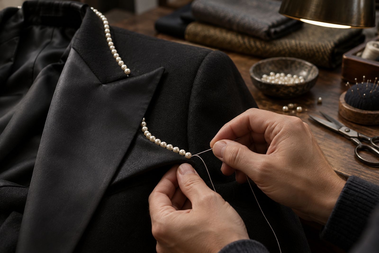 Hands sewing small pearl beads along the edge of a black satin-faced lapel.