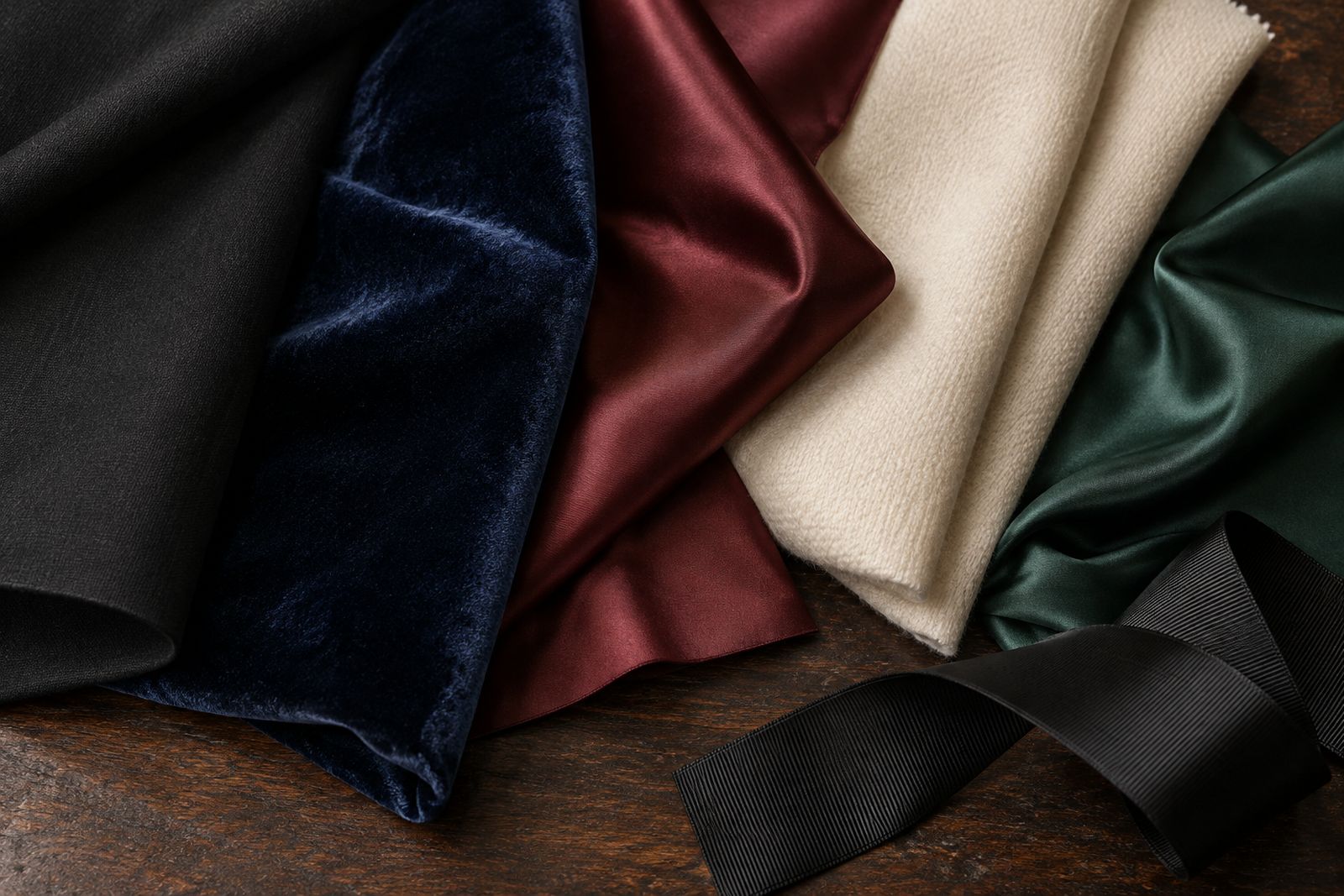 Overlapping swatches of black, midnight-blue, burgundy, ivory and emerald evening fabrics on dark wood.