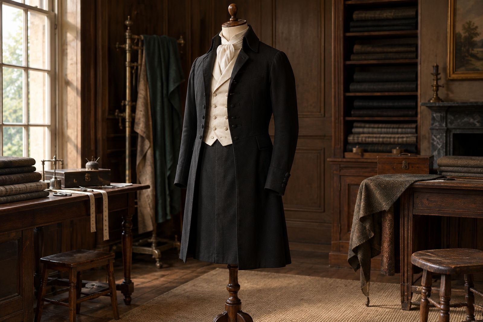 A black period frock coat with an ivory waistcoat and white stock on an antique tailor's dummy.