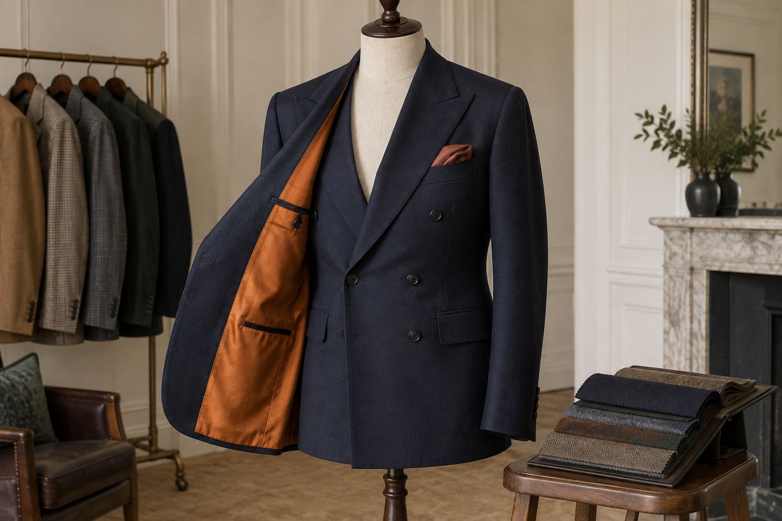 A navy double-breasted jacket with a bright orange lining on a dress form beside an open swatch book.