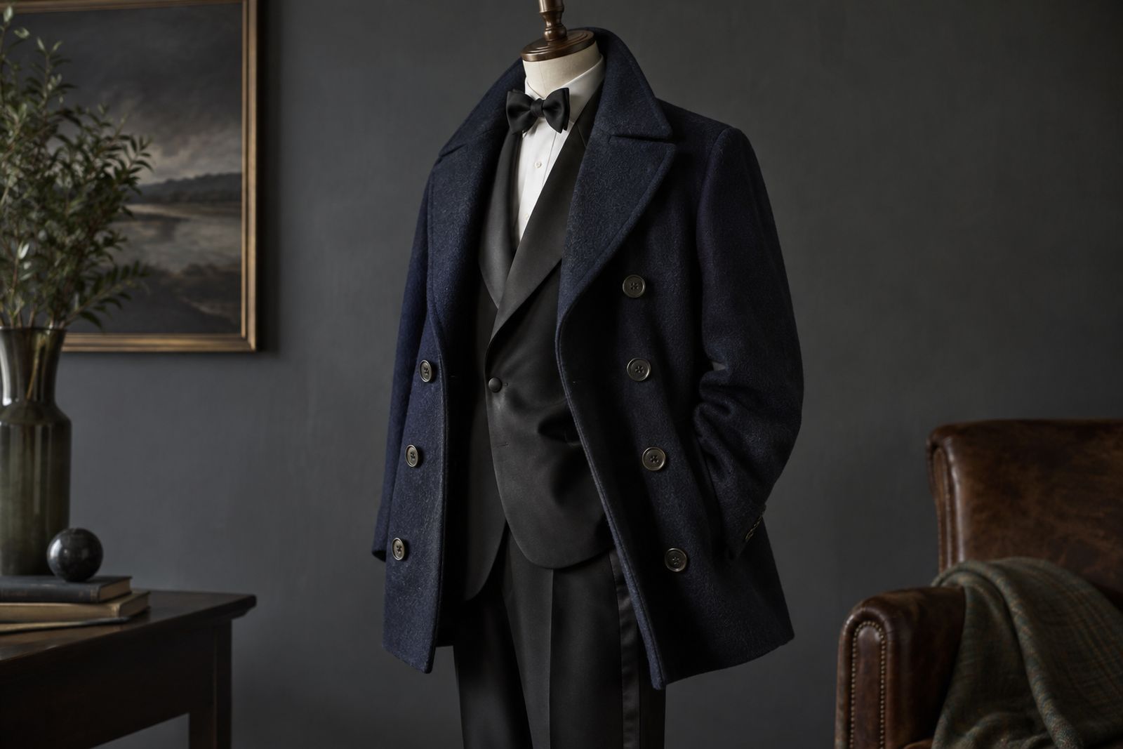 A black dinner jacket layered under an oversized navy peacoat on a dress form.