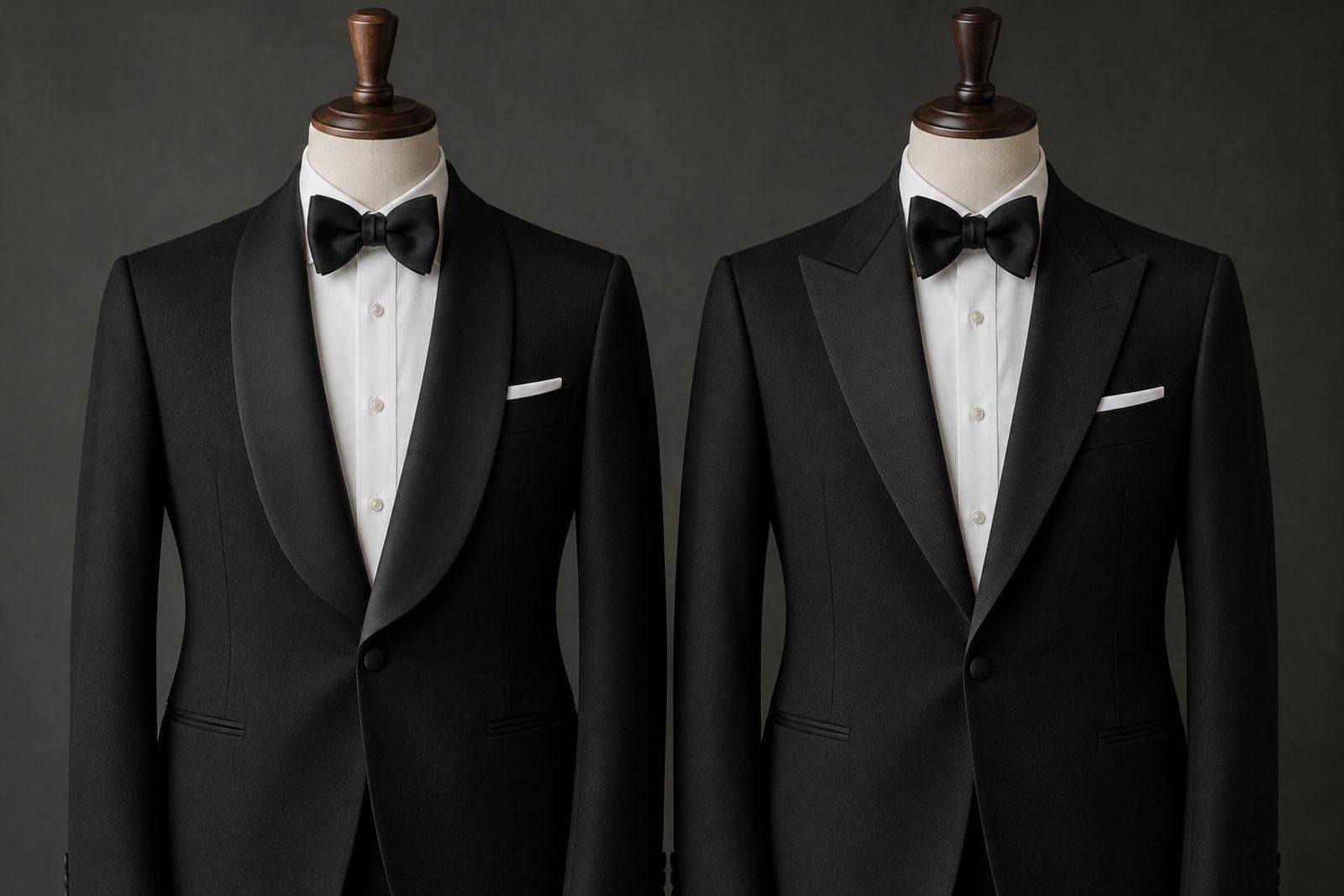 Two black dinner jackets side by side, one with a shawl collar and one with peak lapels.