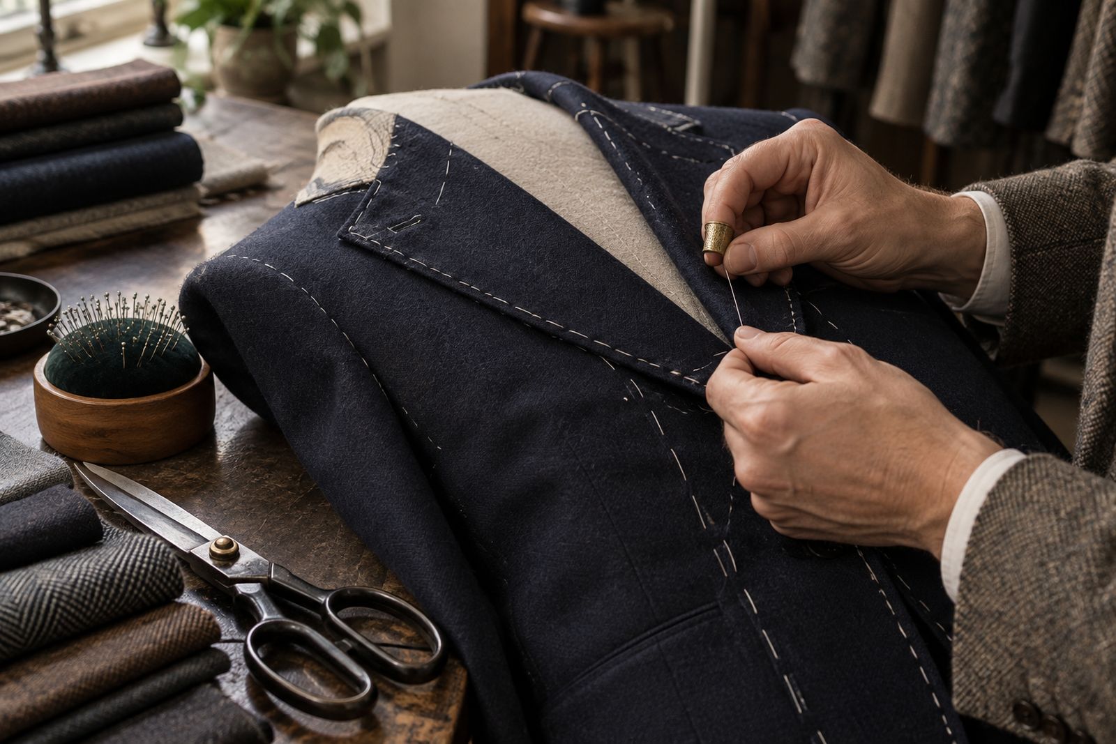Hands basting a navy jacket with long white tacking stitches.