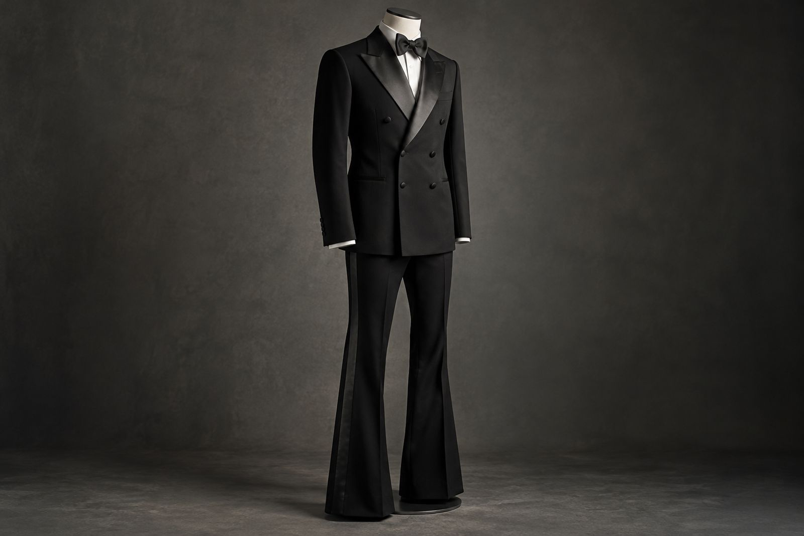 A black double-breasted dinner suit with trousers that flare below the knee on a headless form.