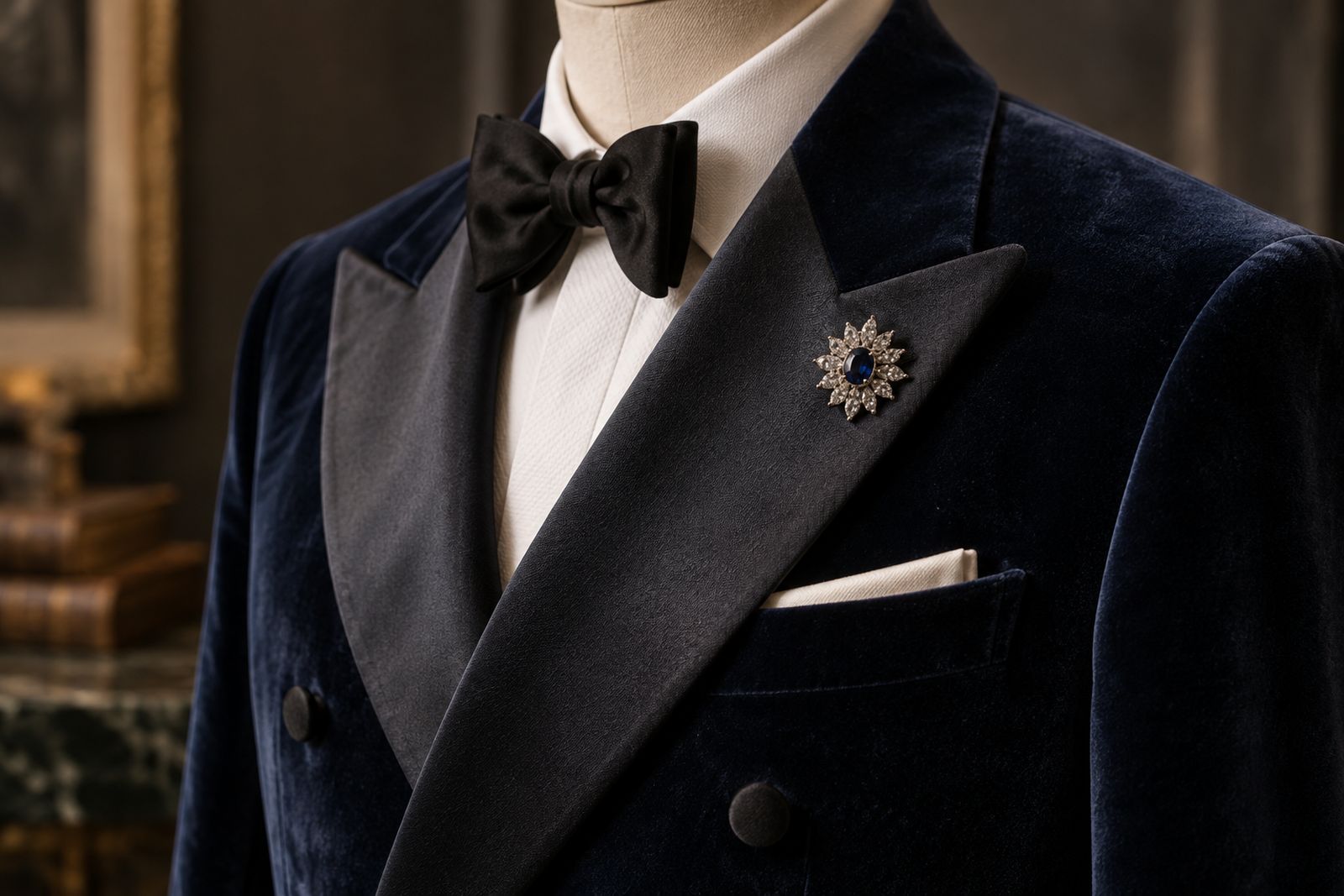 A jewelled brooch pinned to the lapel of a midnight-blue velvet dinner jacket.