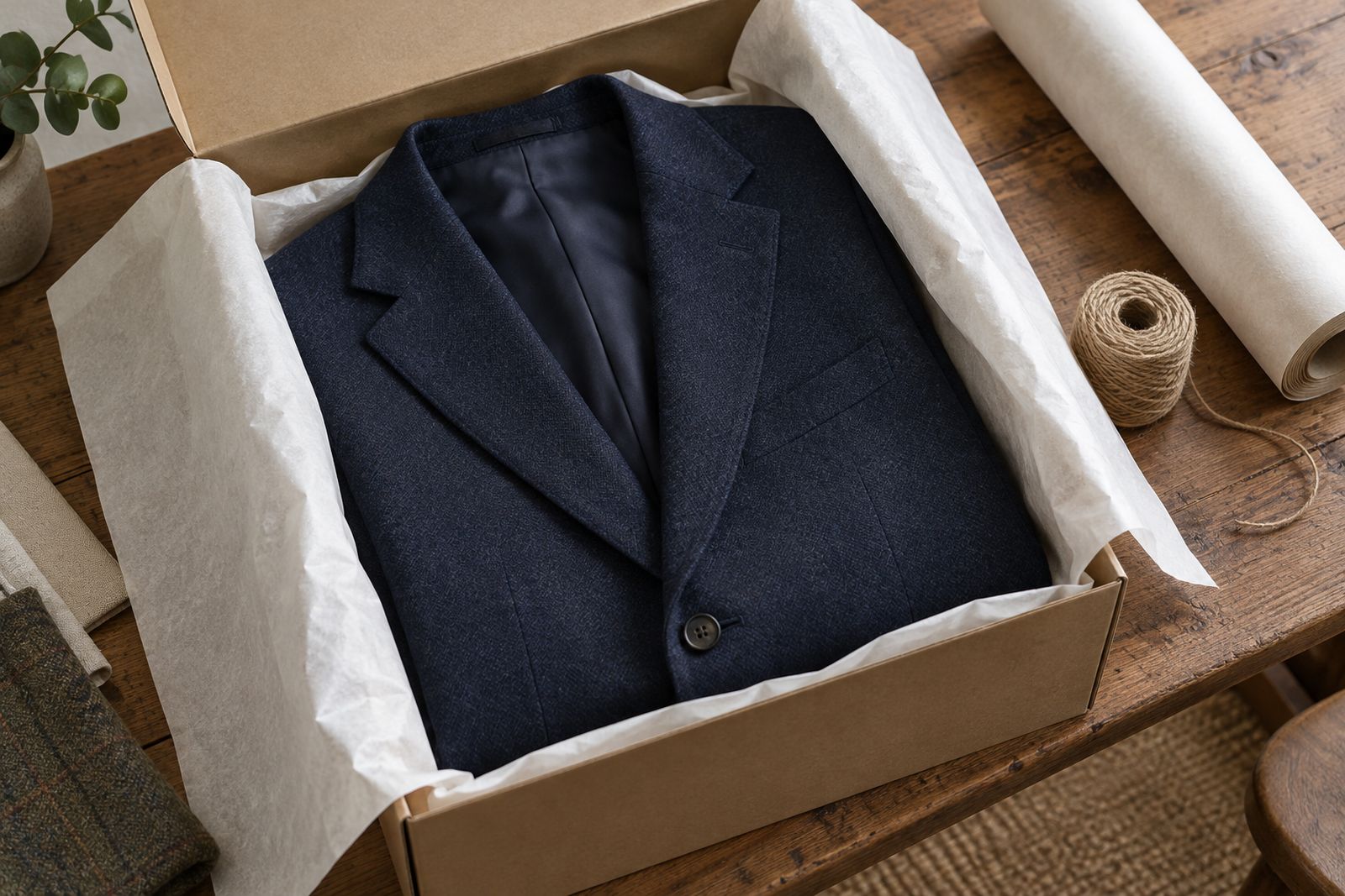 A navy jacket folded in white tissue paper inside a plain cardboard box.