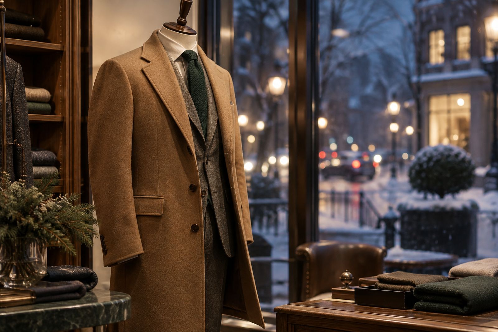 A mannequin in a camel overcoat and grey suit in a shop window at dusk, seen from inside.