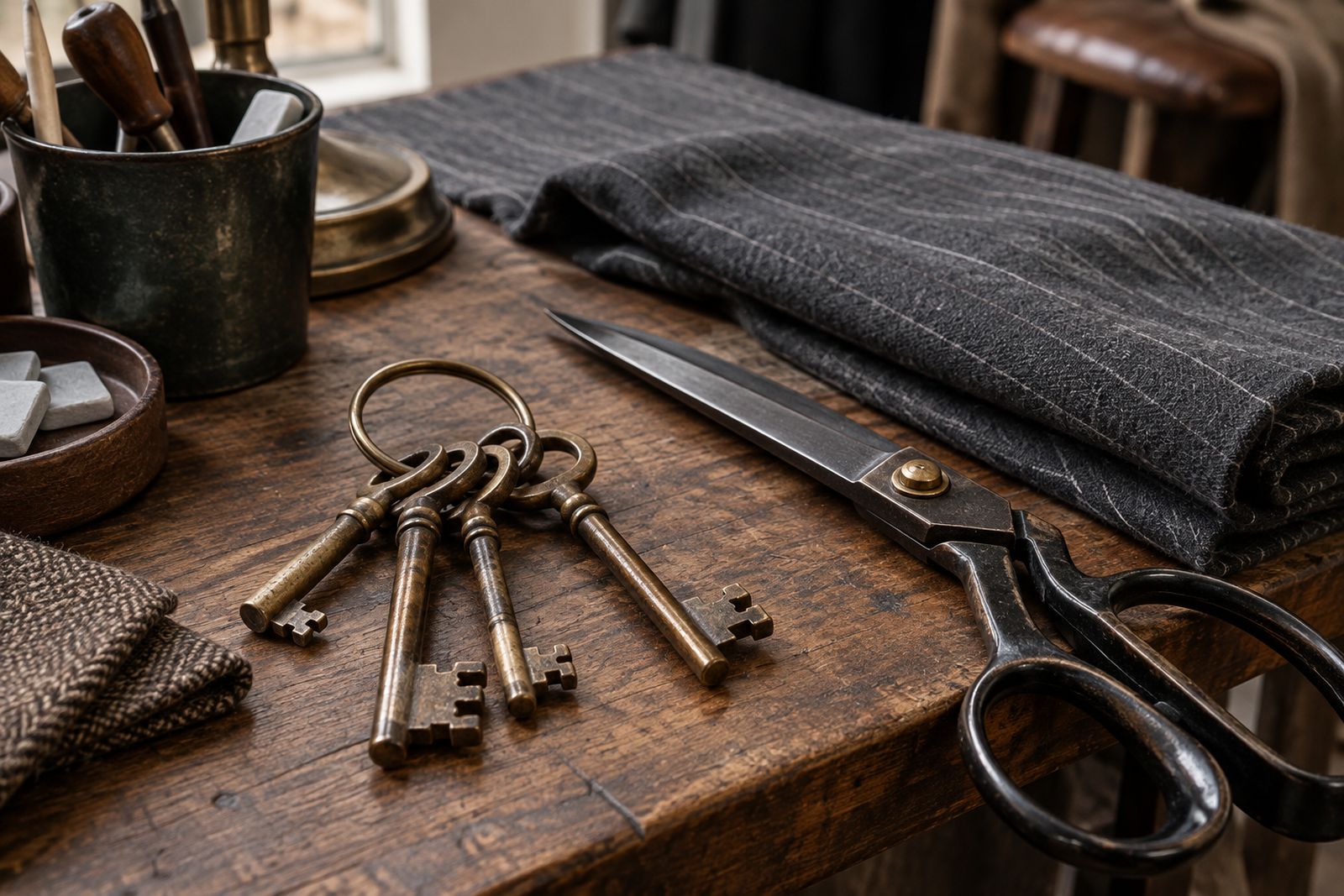 A ring of old brass keys on a cutting table beside grey chalk-stripe fabric and shears.