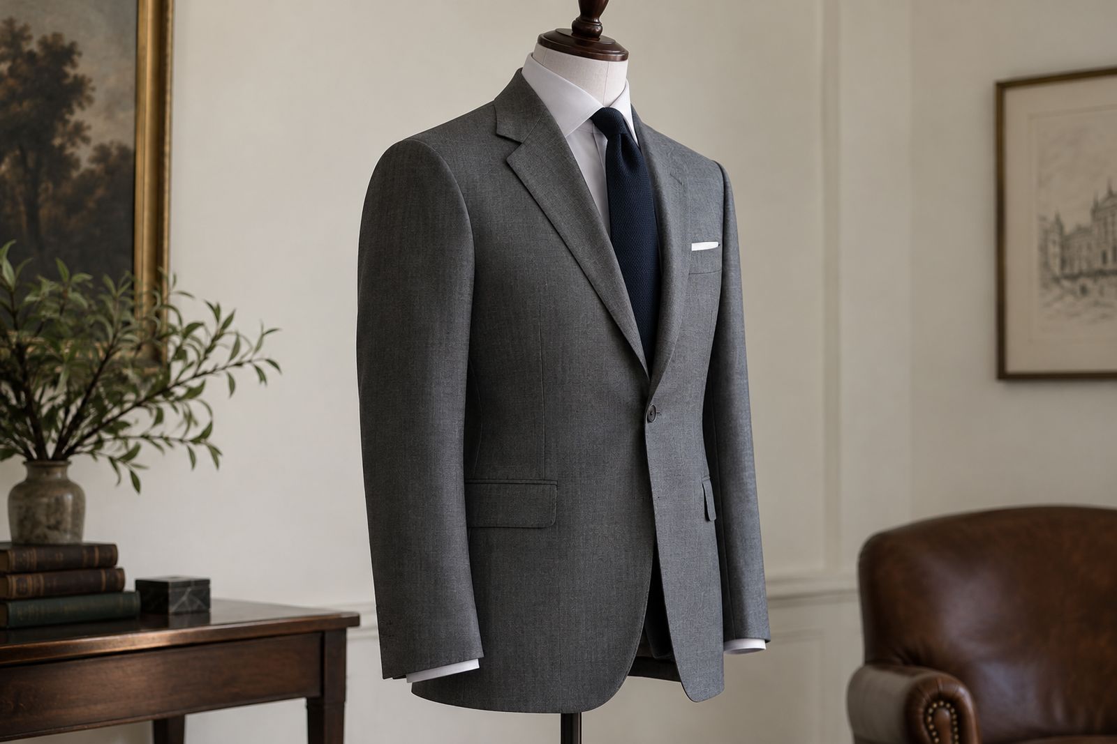 A grey one-button jacket on a dress form with a clean, structured shoulder and a long lapel.