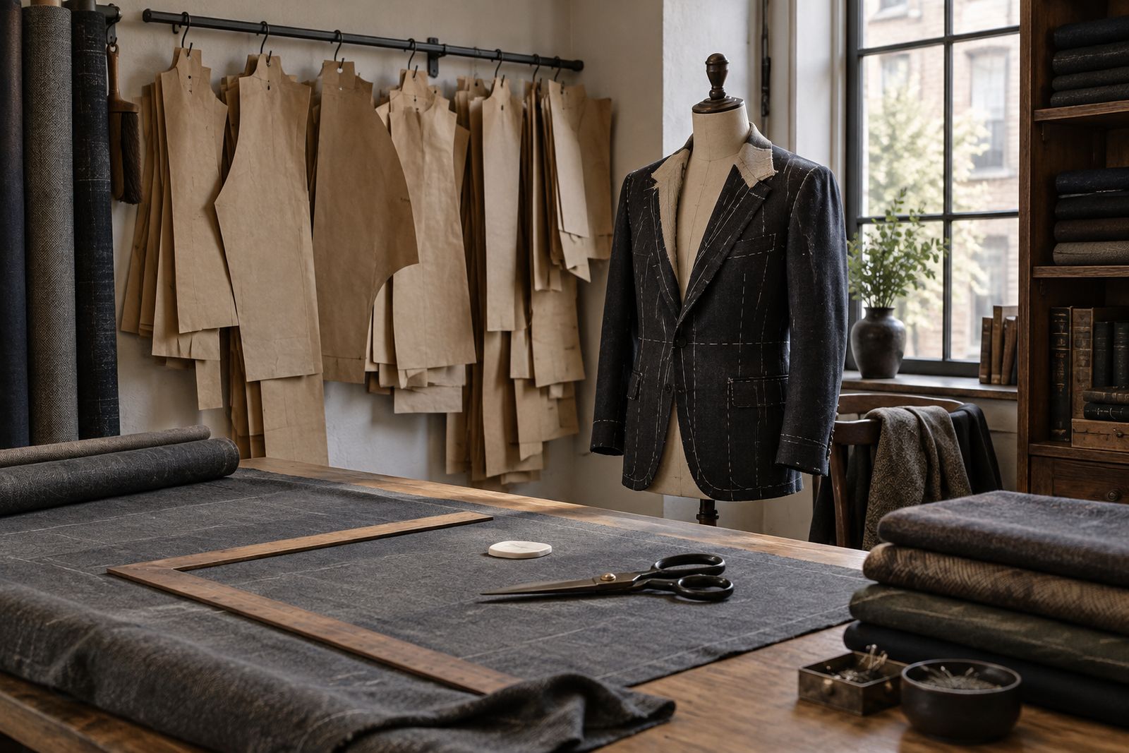 A cutting area with paper patterns on hooks, grey flannel on the table and a basted jacket on a dress form.