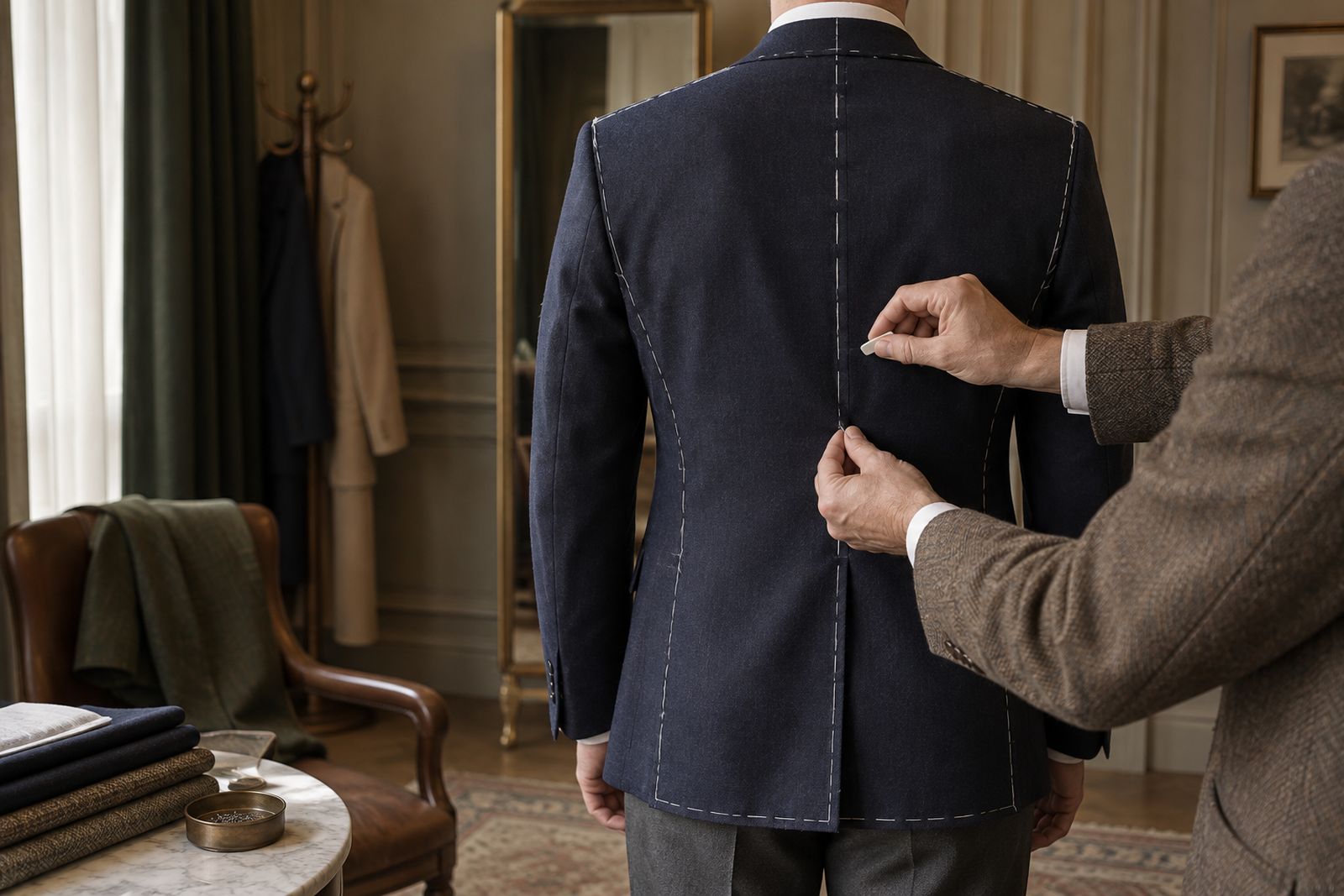 A tailor's hands pinning the back of a basted navy jacket worn by a client seen from behind.