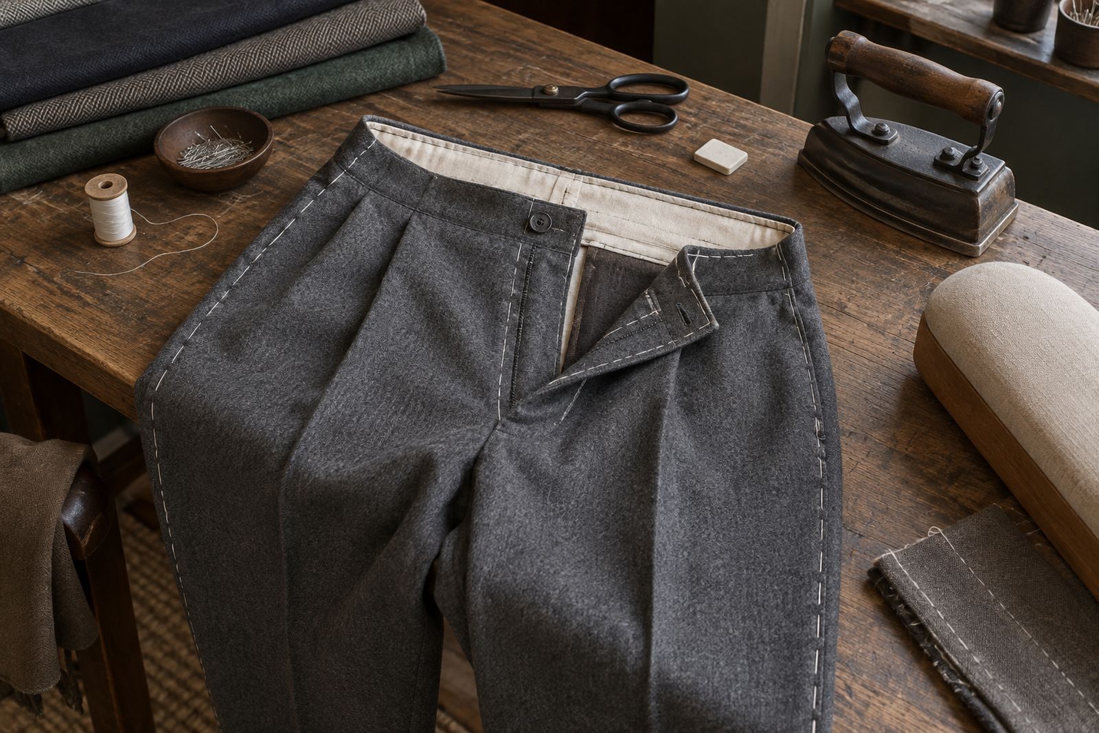 Unfinished grey flannel trousers with basted seams on a wooden bench beside a heavy iron.