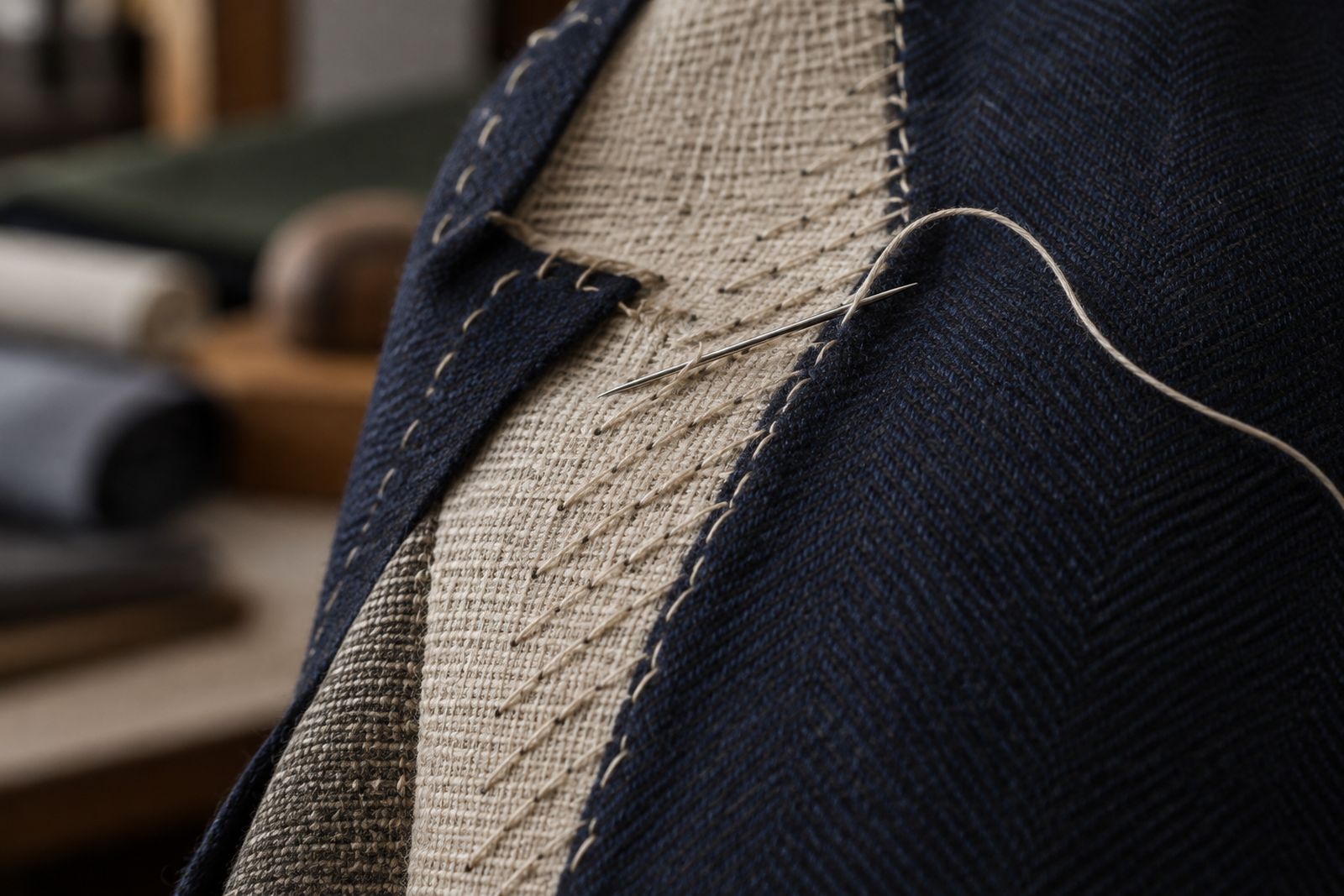 Rows of small diagonal pad stitches on the canvas of an unfinished jacket lapel.