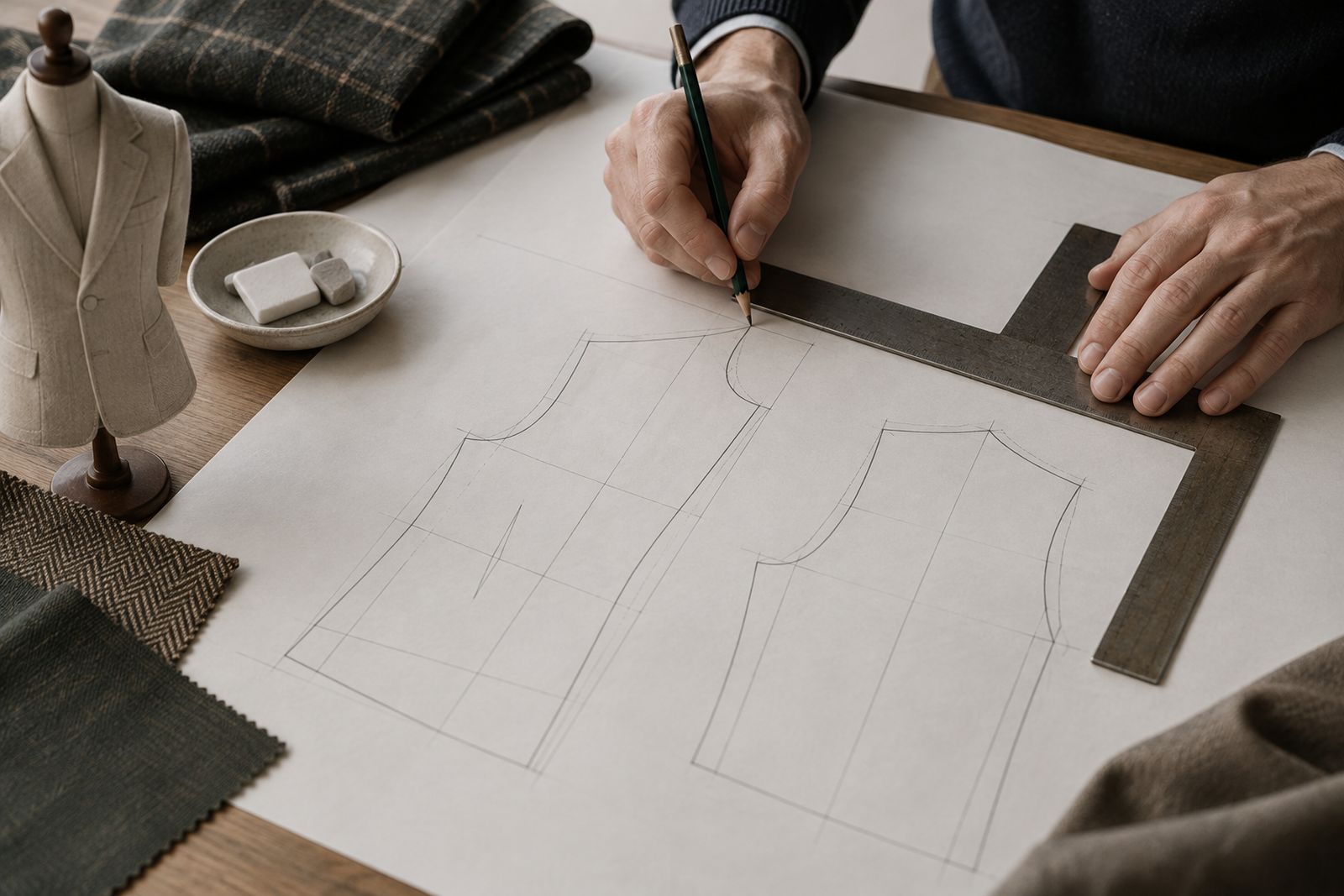 A hand drafting a small quarter-scale jacket pattern in pencil with a tailor's square.