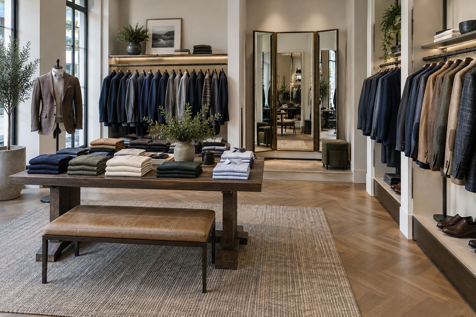 A bright menswear shop with suits on wall rails and folded shirts on a central table.