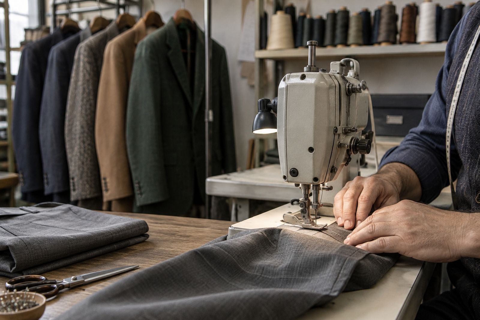 A tailor's hands hemming grey suit trousers on a sewing machine in an alterations room.
