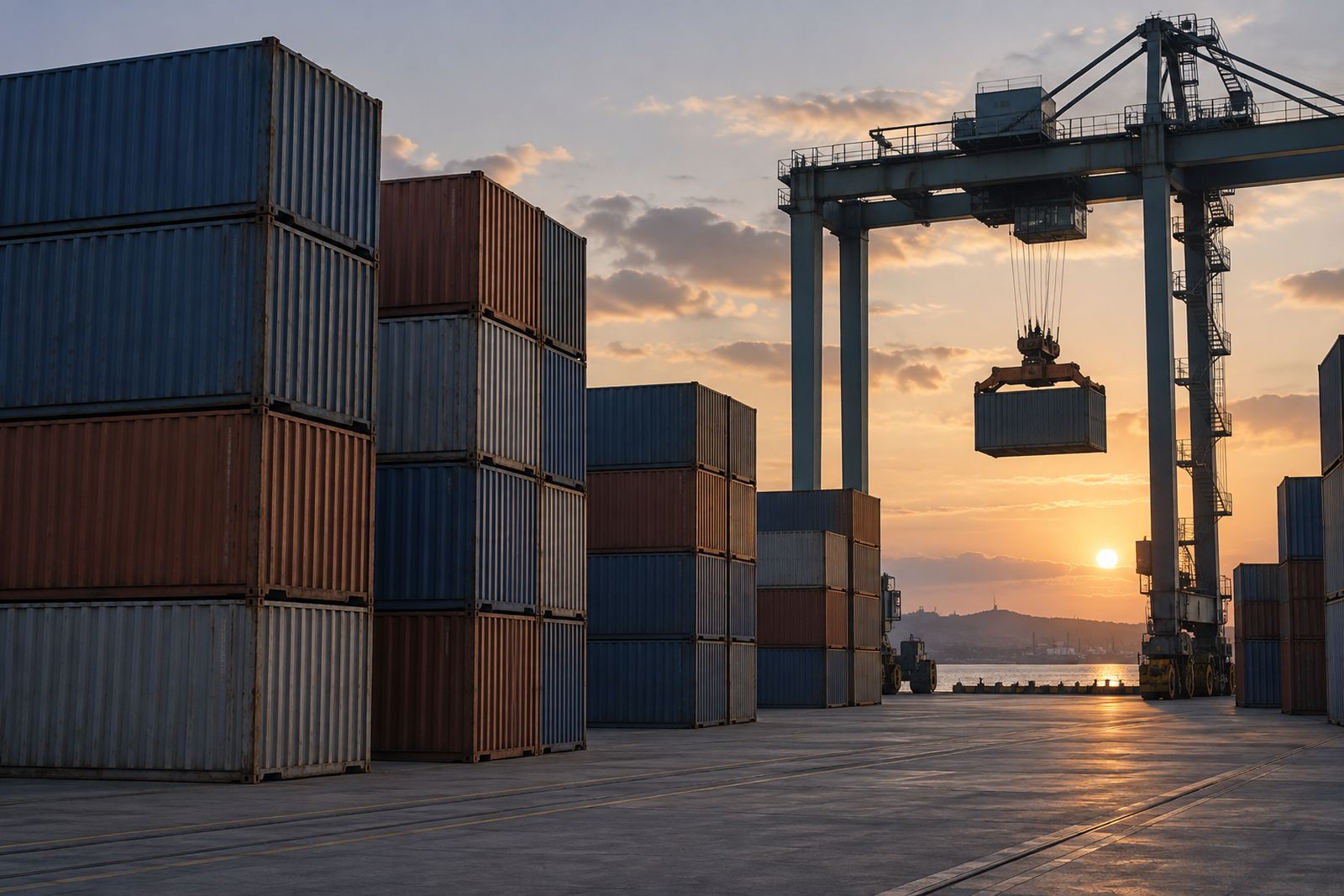 Stacks of plain shipping containers at a port at dusk with a crane behind.