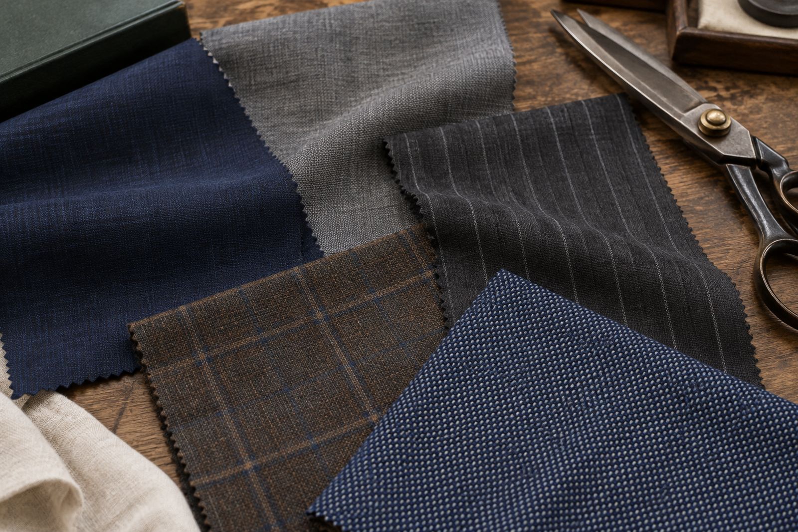 Overlapping swatches of navy, grey, chalk-stripe and check suiting fabric on a cutting table.