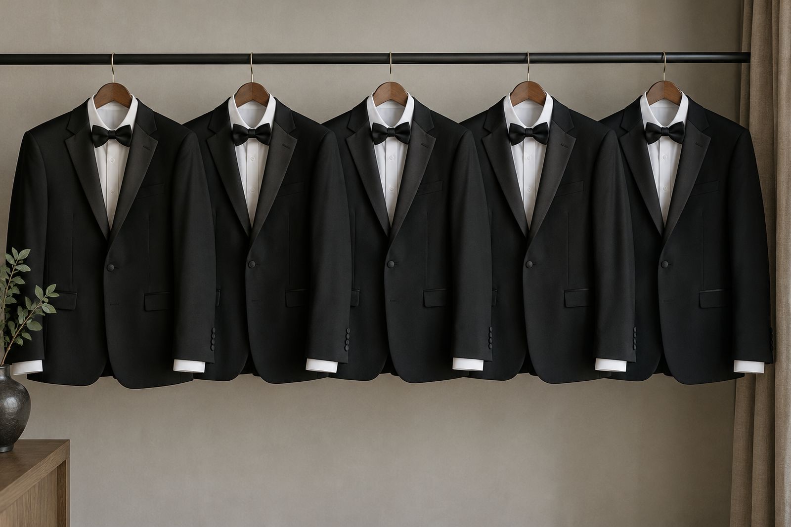 Five identical black dinner suits with shirts and bow ties hung side by side, ready for a wedding party.