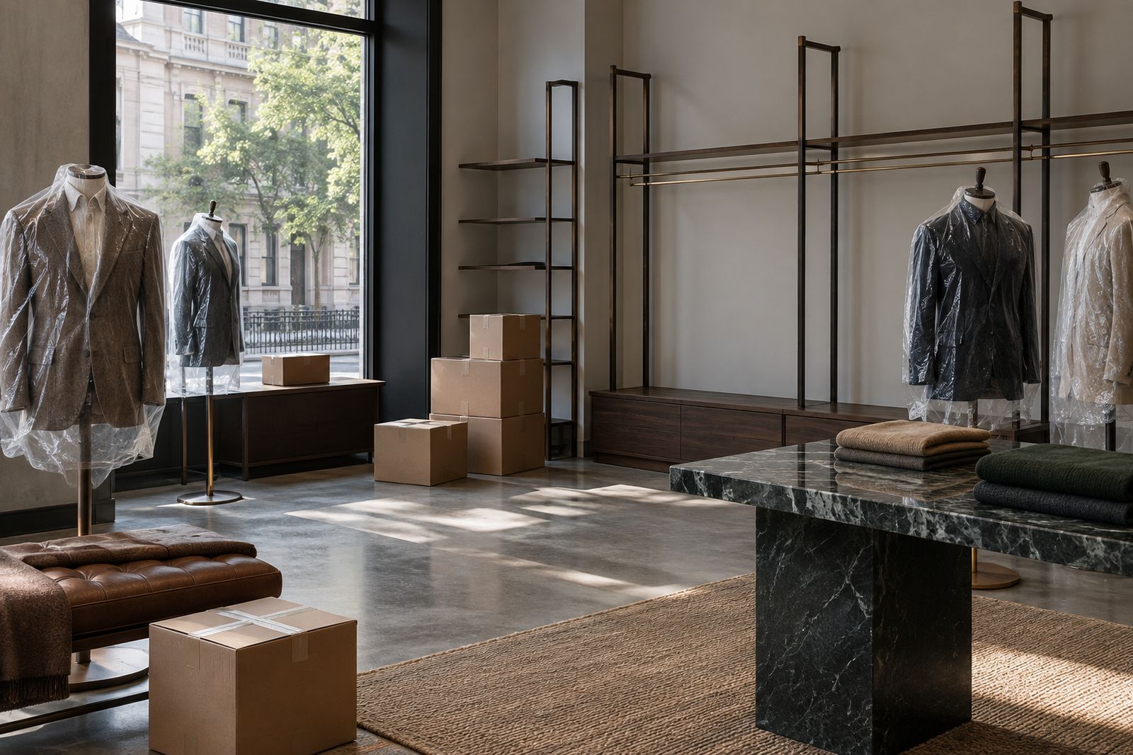 An empty store being fitted out with bare rails, shelves and wrapped dress forms.