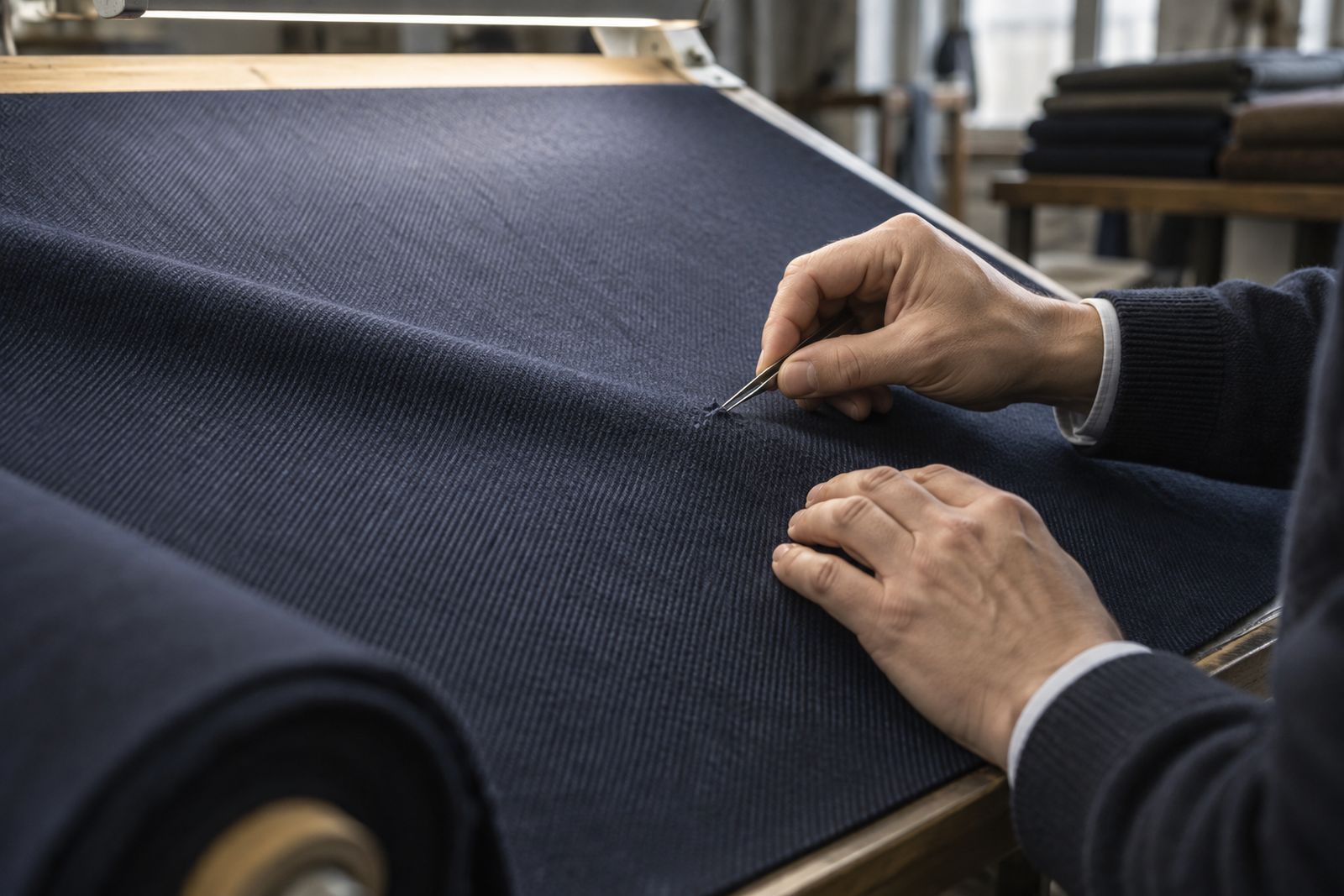 Hands using tweezers to mend finished navy wool fabric on an inspection table.