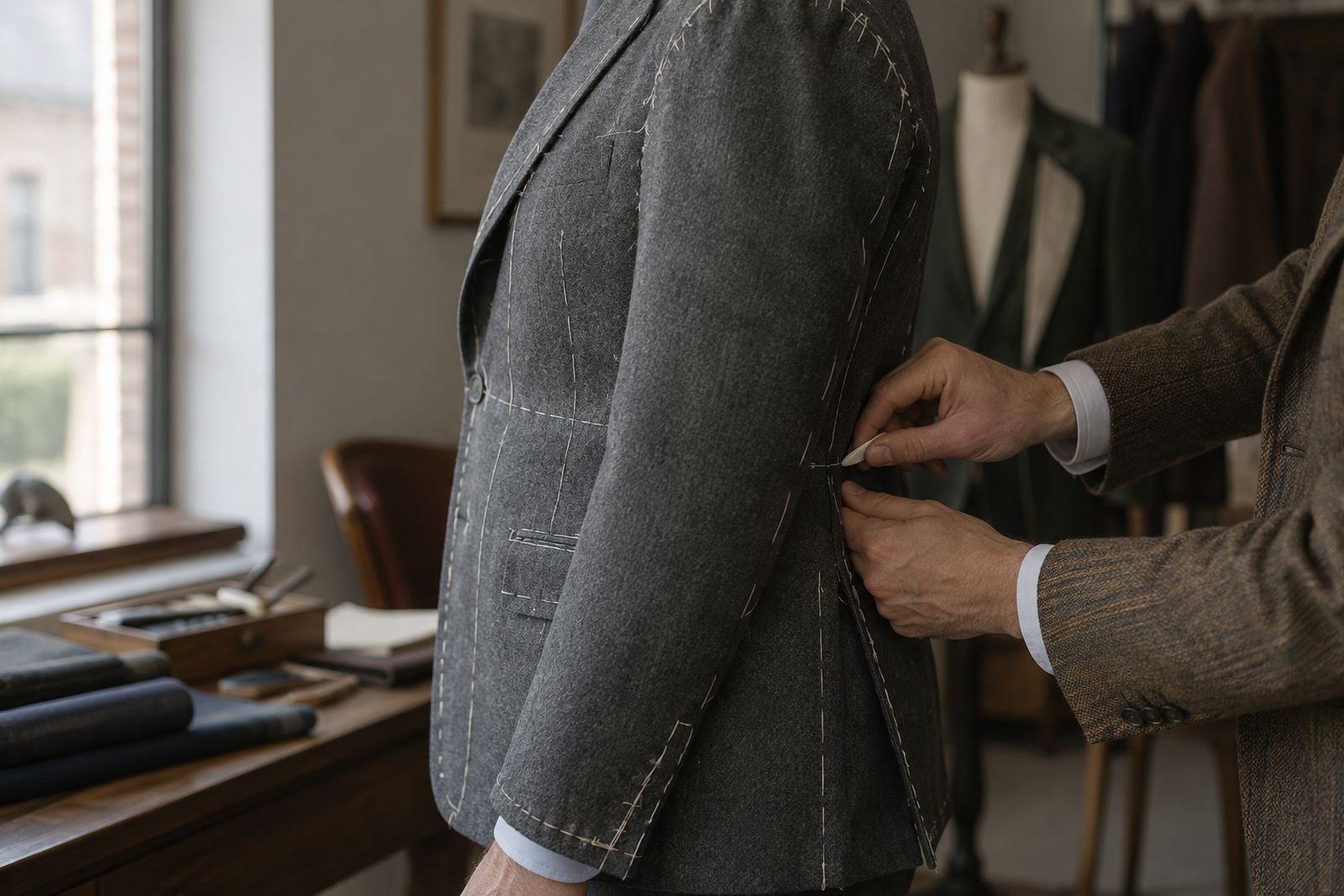 A client's torso in a basted grey jacket at a first fitting, with a tailor marking it in chalk.