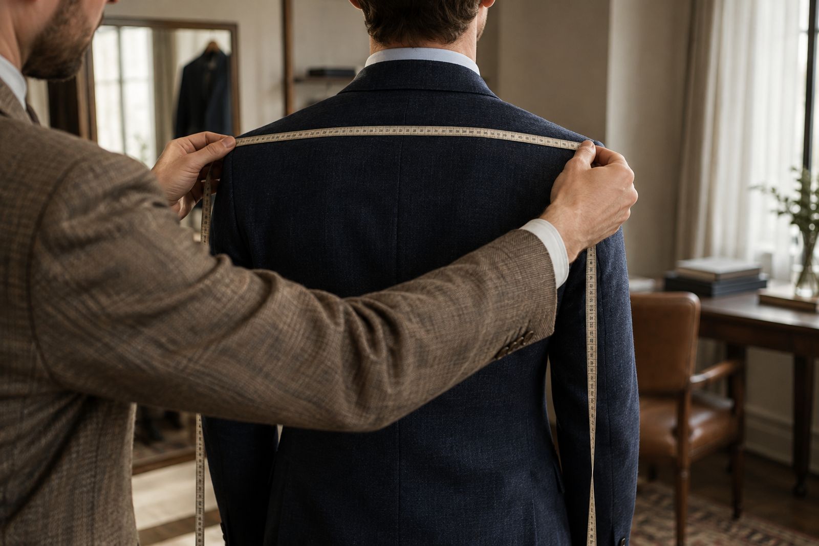 A cutter's hands measuring across a client's shoulders from behind.