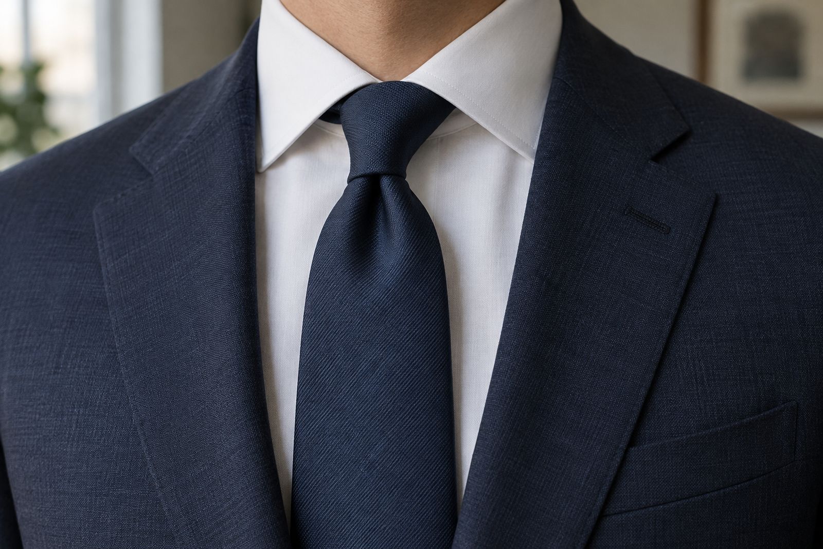A navy silk tie in a four-in-hand knot with a dimple on a white shirt under a navy jacket.