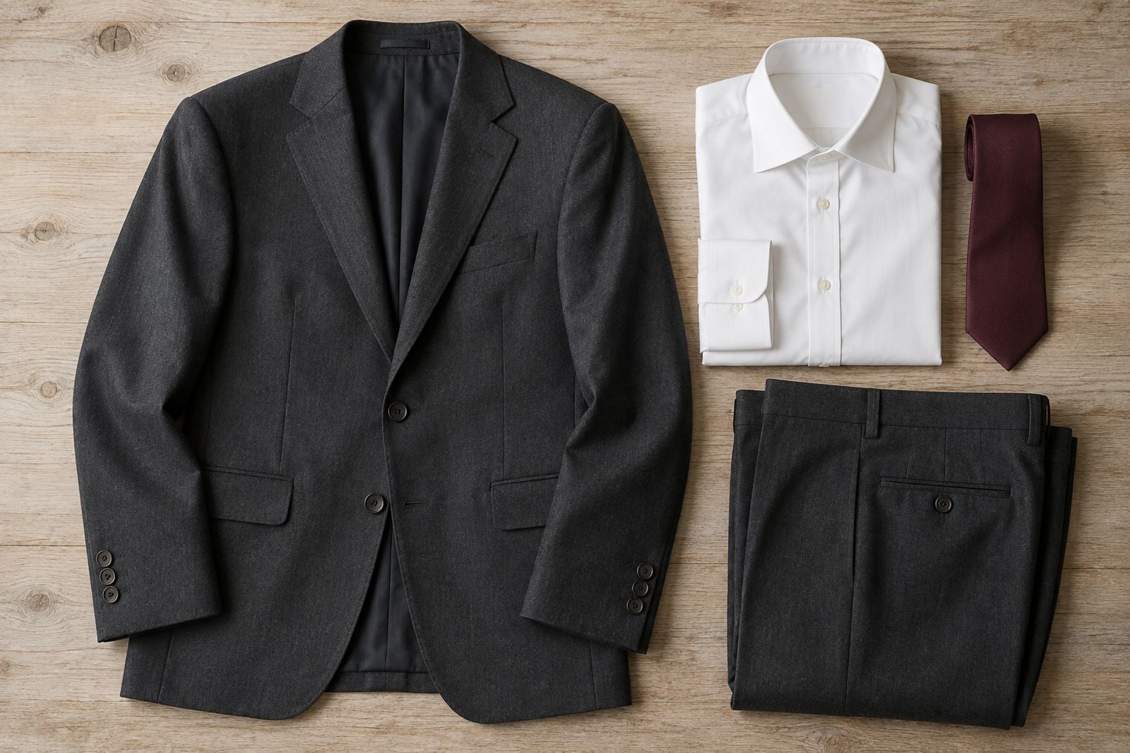 A charcoal suit, folded white shirt and burgundy tie laid flat, seen from above.