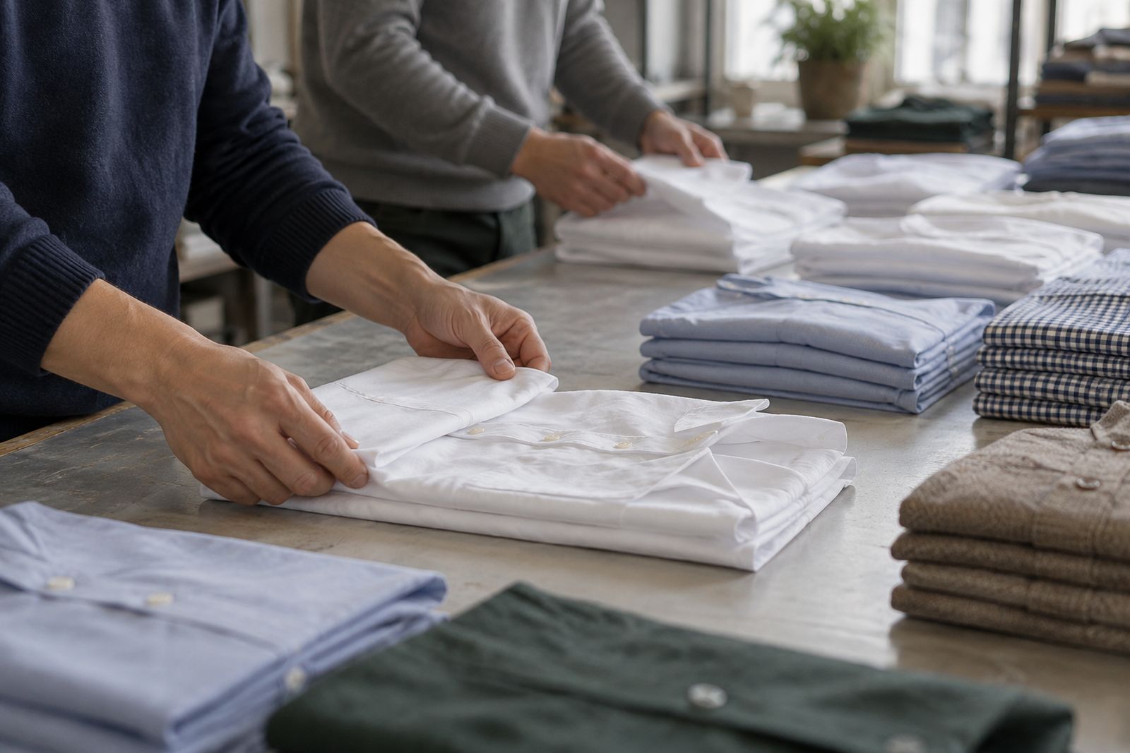 Hands folding white cotton shirts at a long finishing table.