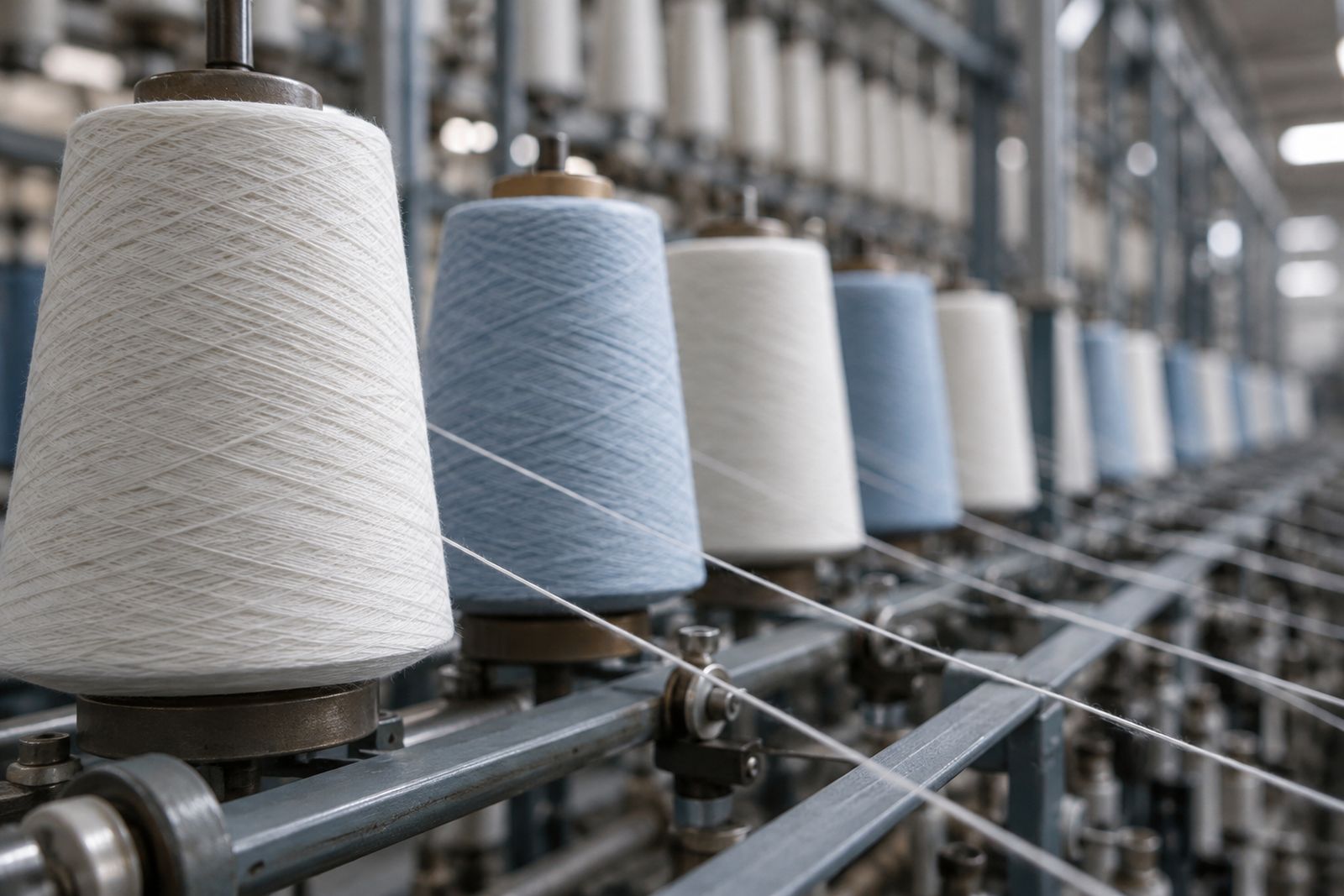 Rows of white and pale blue cotton yarn cones on a winding frame.