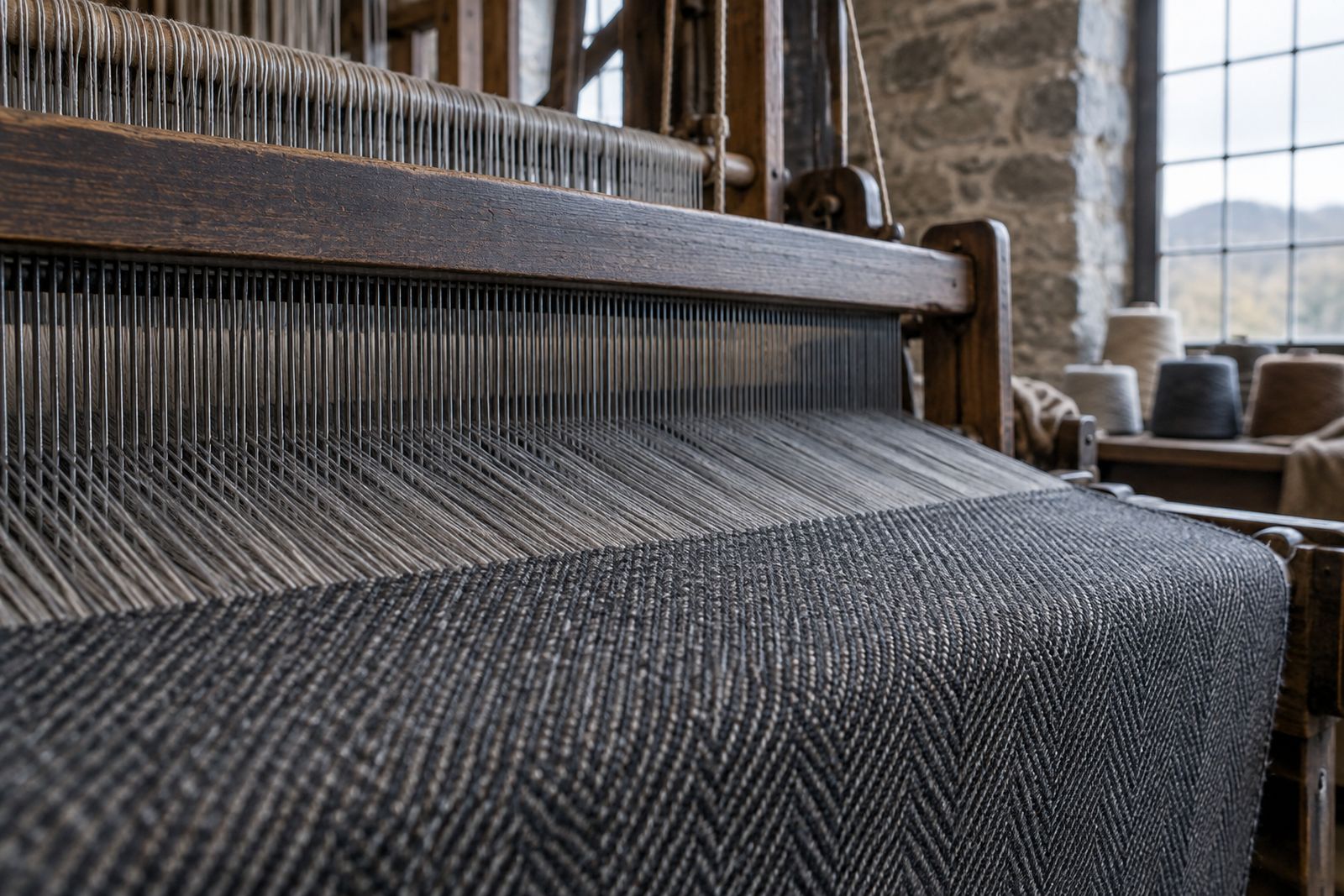 Fine grey warp threads passing through a loom's reed as worsted fabric is woven.