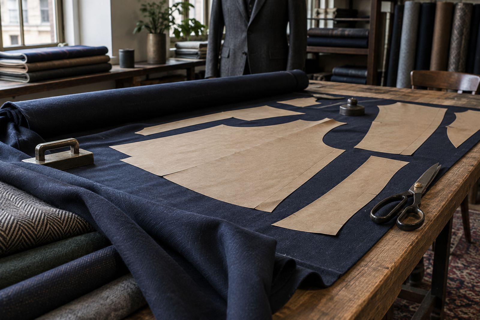 Layers of navy wool fabric on a long cutting table with paper pattern pieces laid on top.