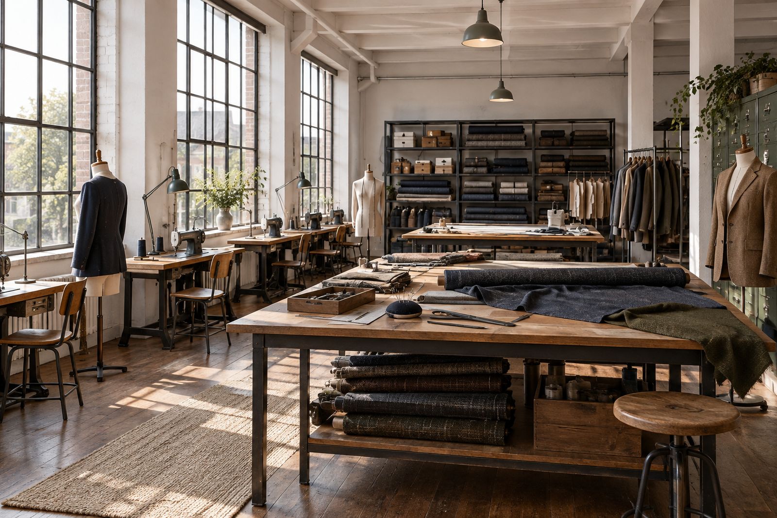 An empty, light-filled tailoring workroom with workbenches, cutting tables and dress forms.