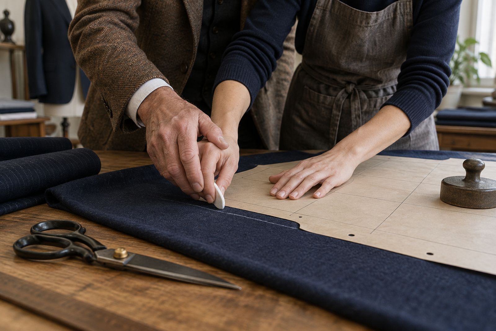 An instructor's hands guiding a student tracing a pattern onto navy fabric with chalk.