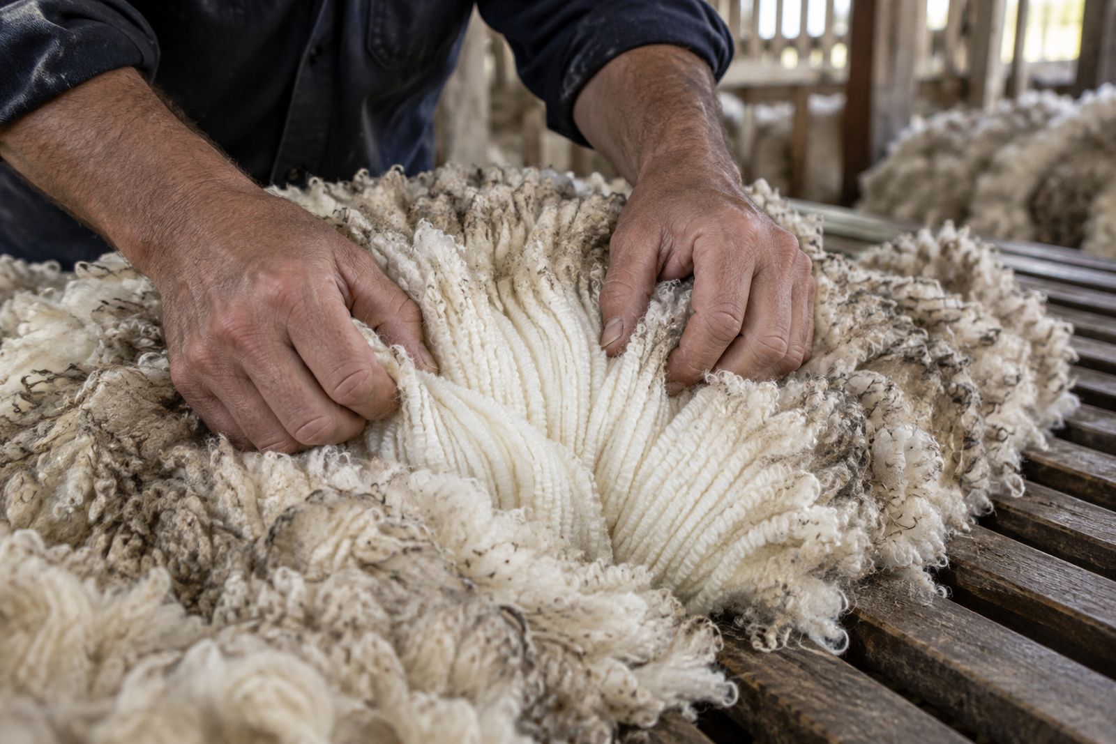 Hands parting a Merino fleece to show its fine, crimped staple.