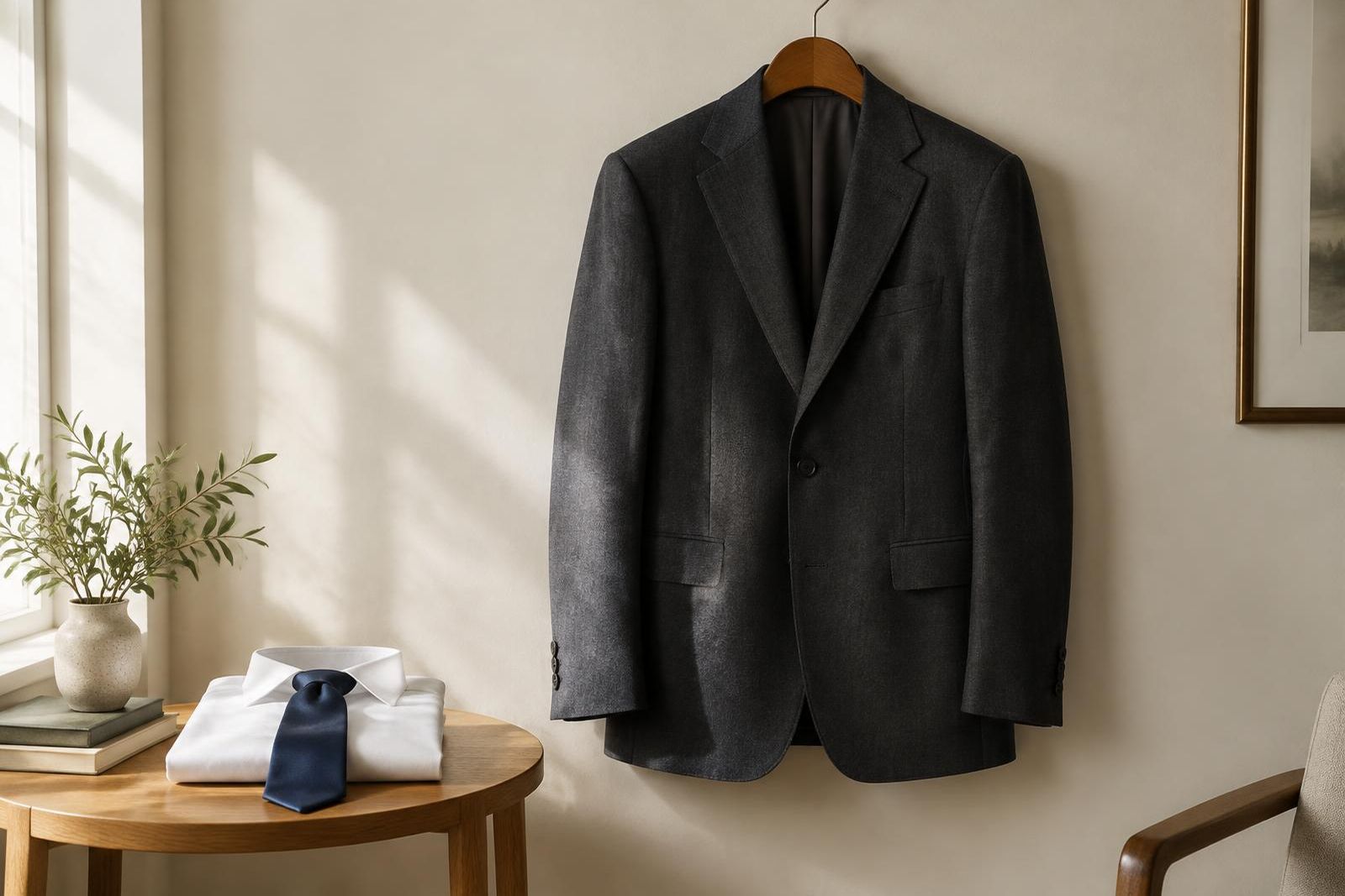 A charcoal wool suit jacket on a wooden hanger above a folded shirt and tie
